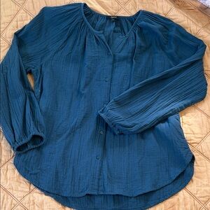 Quince Teal Button-Up Blouse organic cotton